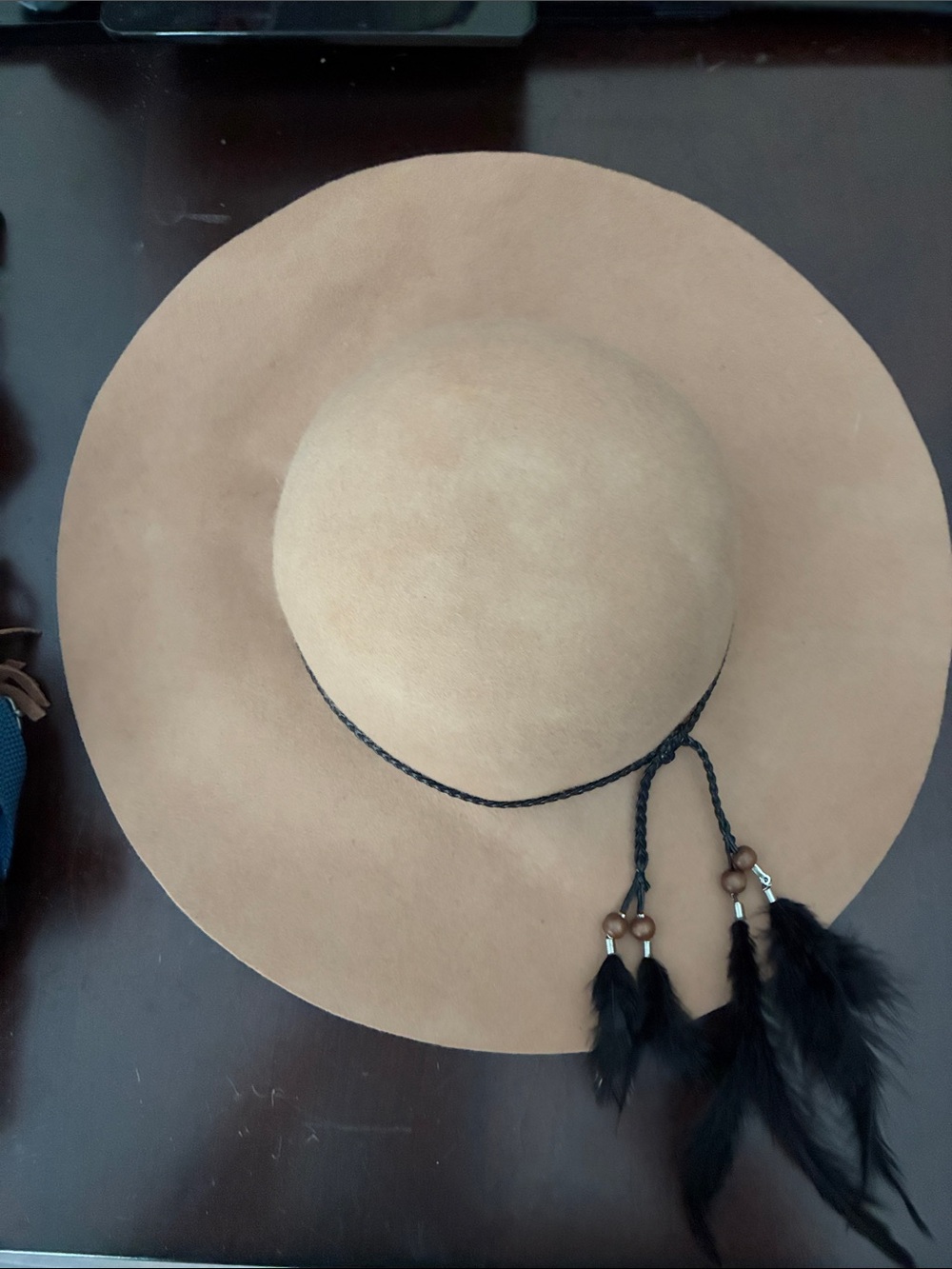 Wool brim hat - Tan Fedora with black Feather Trim